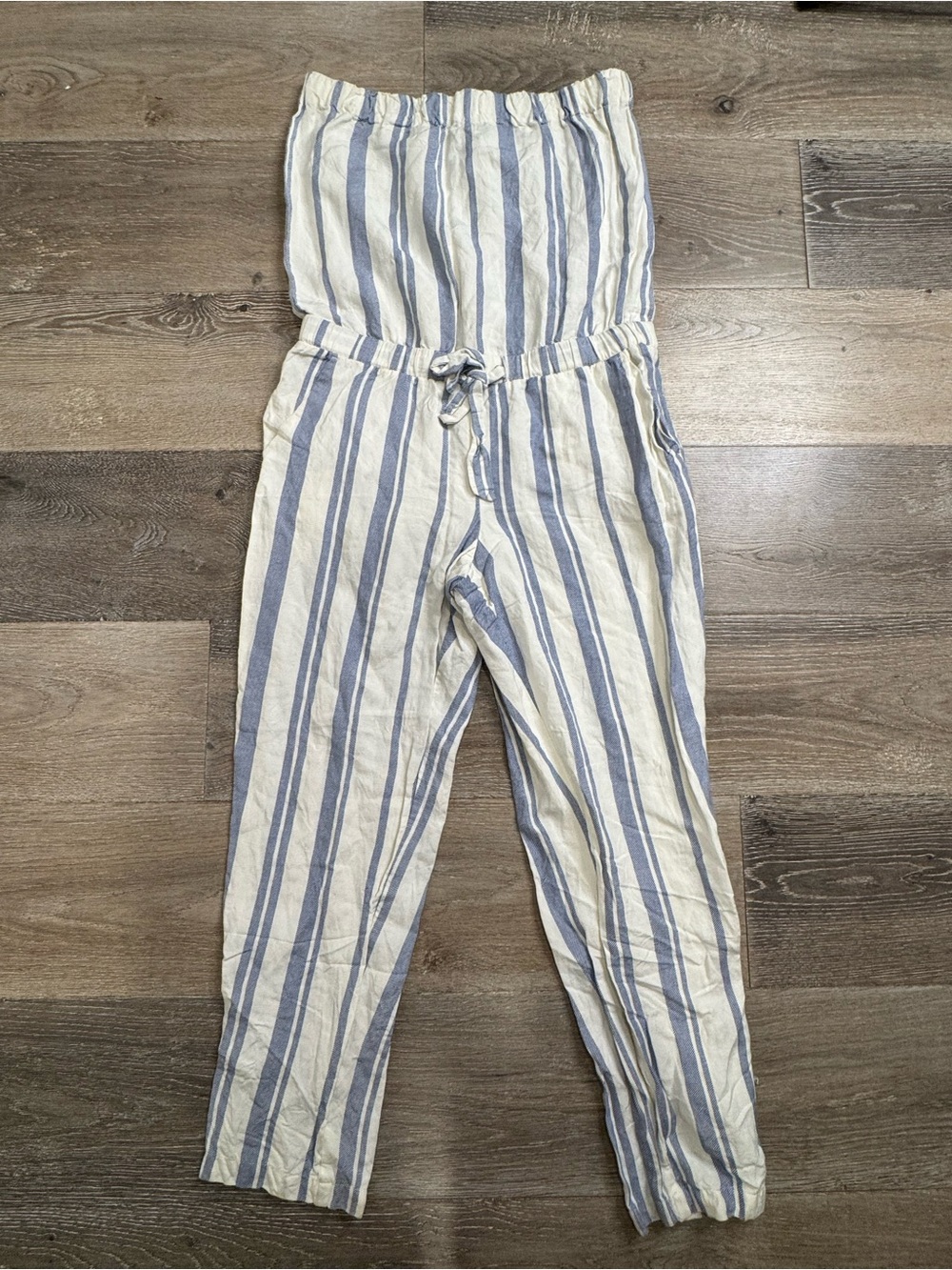 LOFT Blue & White Striped Strapless 50% Linen Jumpsuit 1105